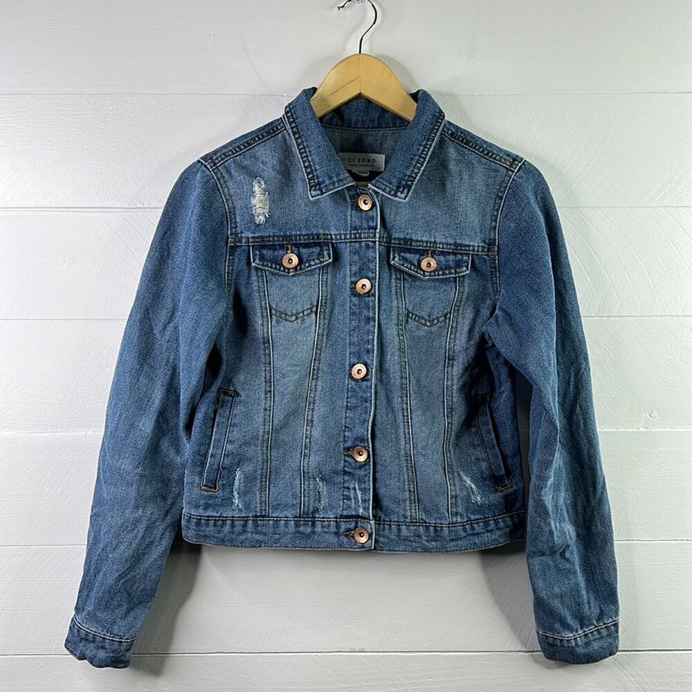 CI SONO Medium Wash Denim Jean Distressed Button Up‎ Jacket Size Medium